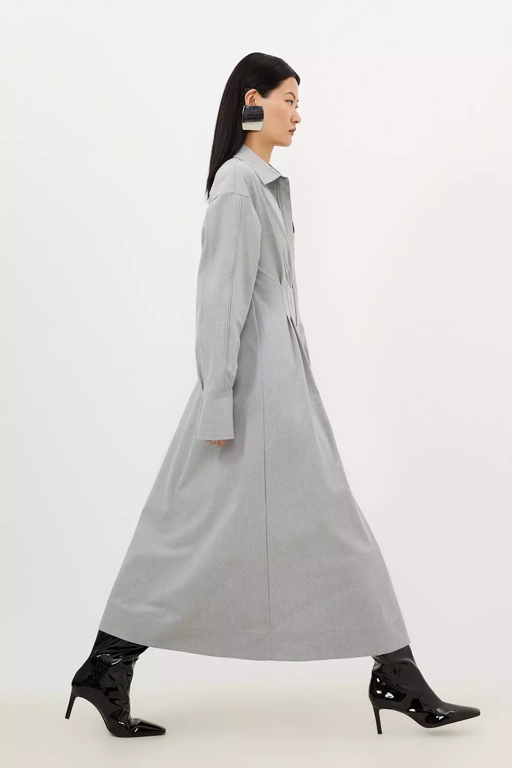 Petite Grey Marl Wool Mix Shirt Midi Dress | Karen Millen